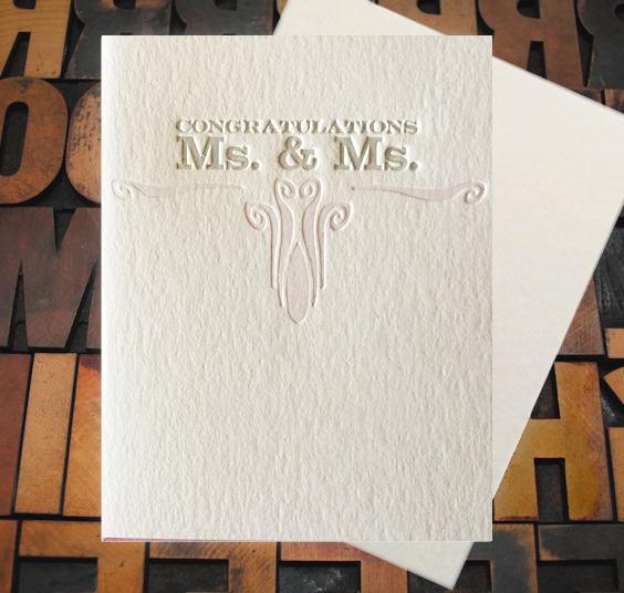 Letterpress Card with the text, "Ms. & Ms." above decorative vintage ornaments