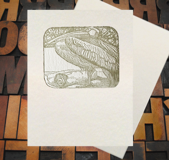 Letterpress Card with an image of a pelican and a scroll