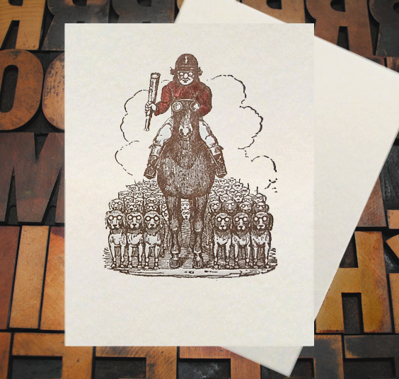 Letterpress Card with an image of a hunter, his horse, and beagles