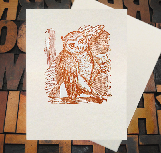 Letterpress Card with the image of an owl holding a wine glass in his foot and leaning towards the left